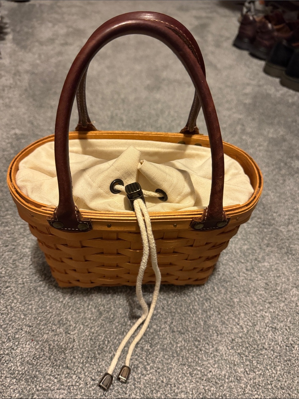 Longaberger Honey-Tone Woven Tote with Brown Leather Handles